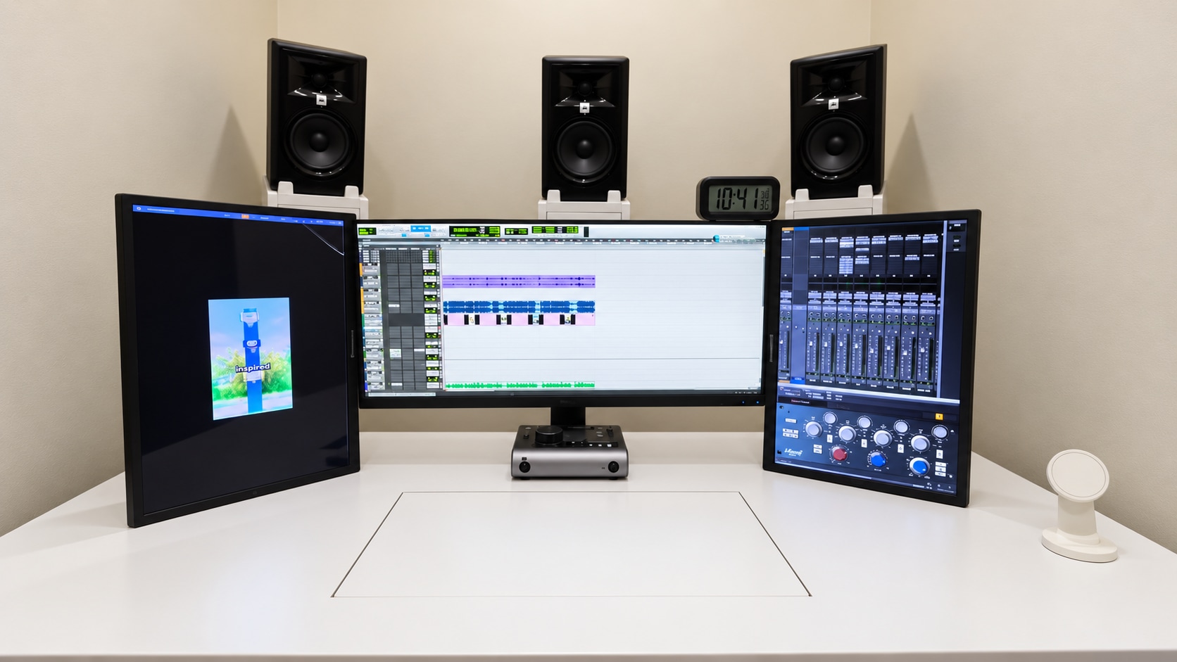 Mixing desk in the TrendsUp Media 5.1 studio, close view of the monitors and screens
