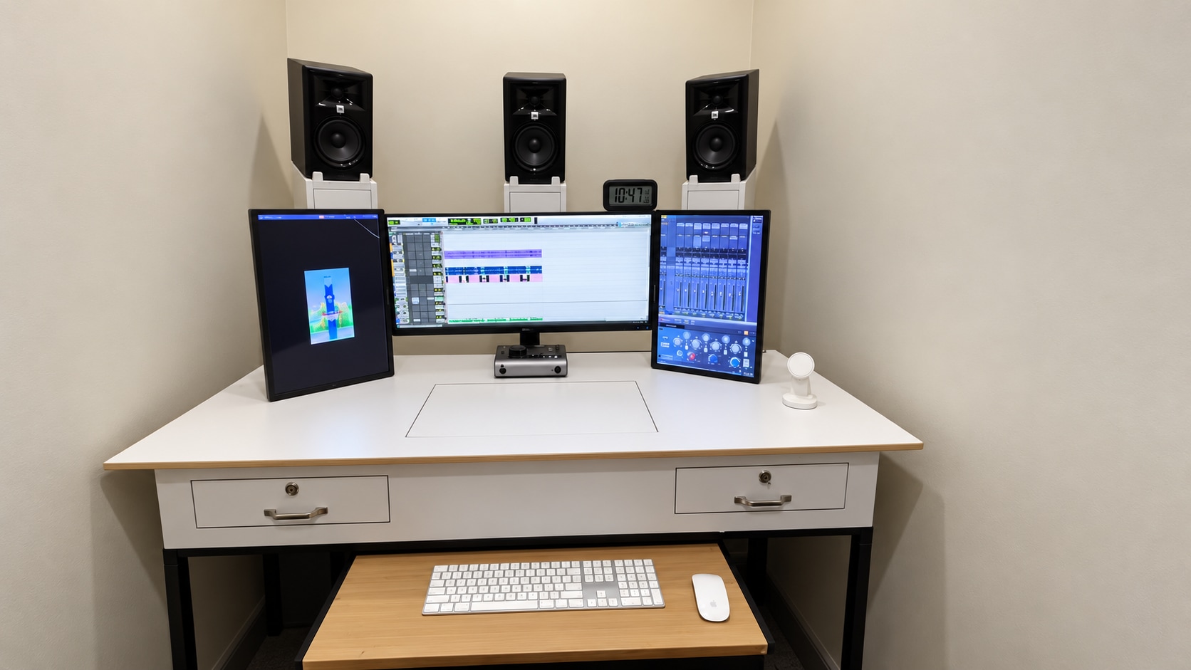 5.1 mixing studio at TrendsUp Media with three front monitors and a three-screen mixing desk