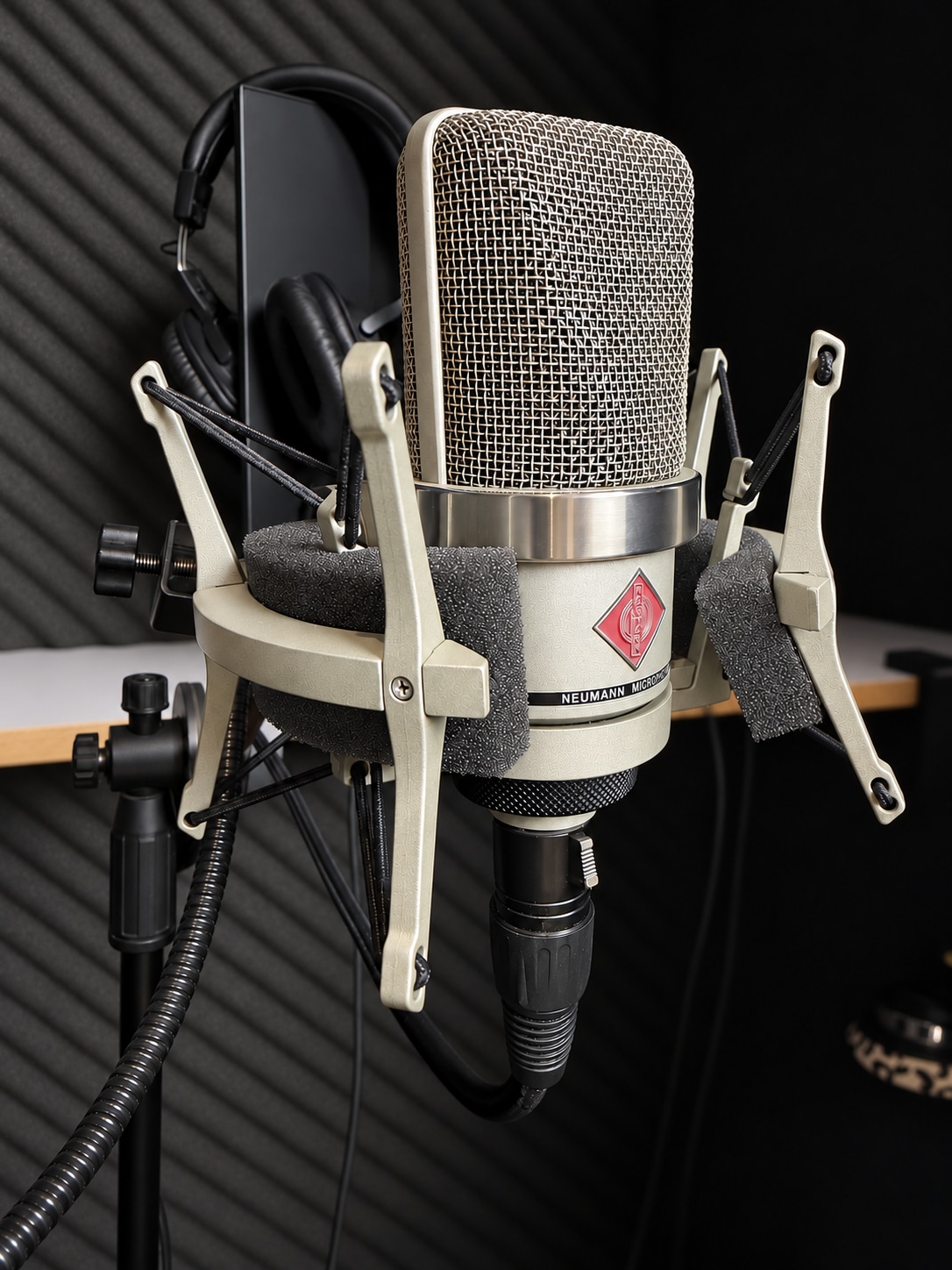 Neumann microphone in the TrendsUp Media dubbing booth
