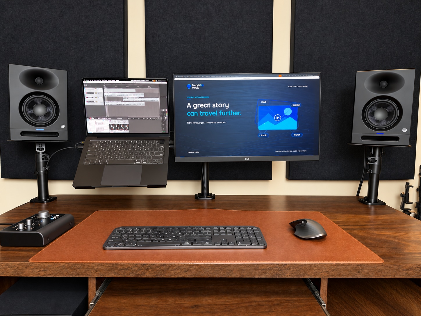 QC room desk at TrendsUp Media with stereo monitors and review screens